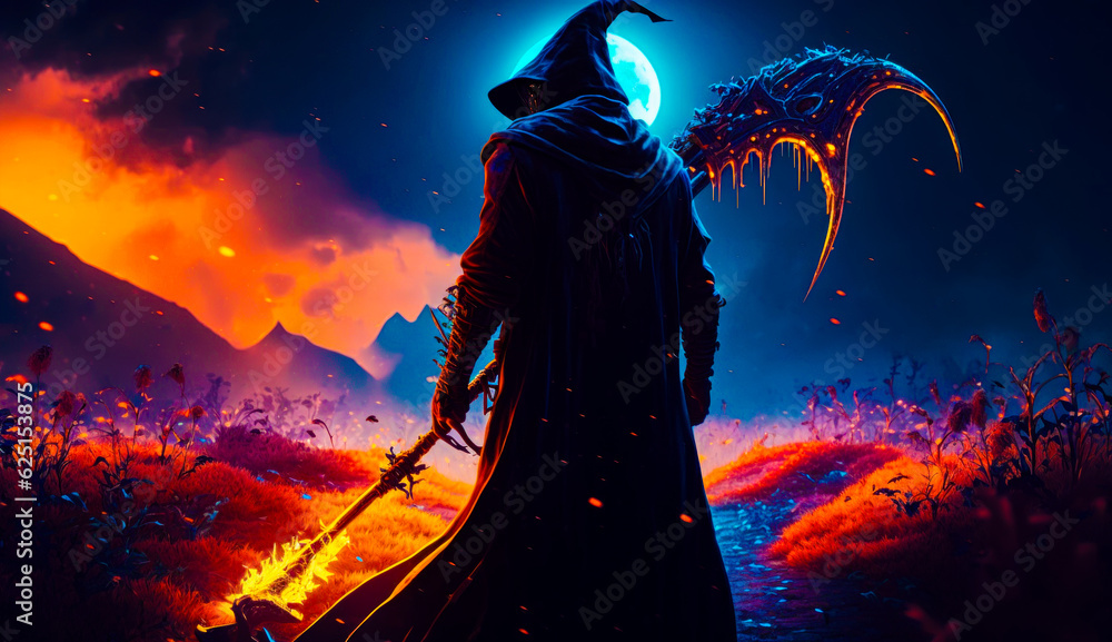 Aufkleber wizard standing in the middle of field with dragon in the background. generative ai.