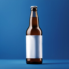 Mockup, bottle of beer with a white label on a blue background.
