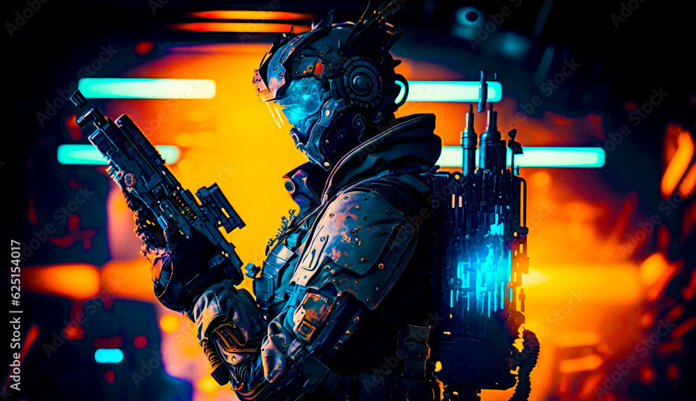 Aufkleber man in futuristic suit holding machine gun in sci - fi setting. generative ai.