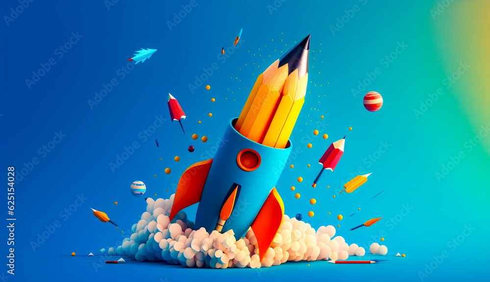Aufkleber colorful rocket launching into the sky with lot of objects around it. generative ai.