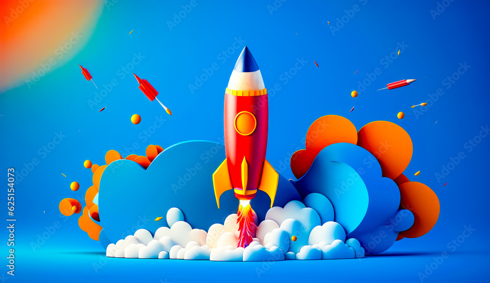 Poster red and yellow rocket launching into the sky with clouds and sun in the background. generative ai.