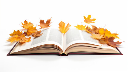 Book with autumn leaves. Generative AI.