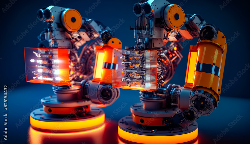 Poster couple of robots that are sitting on some kind of stand up stand. generative ai.