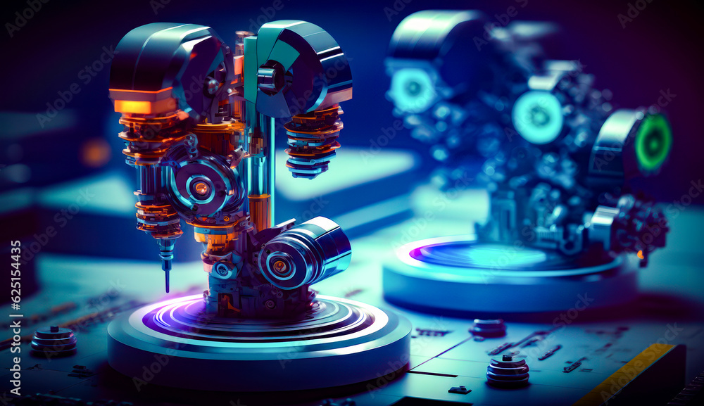 Poster close up of machine on table with blue and purple background. generative ai.