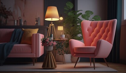 Living room with wooden table, lamps and pink armchair. Generative AI.