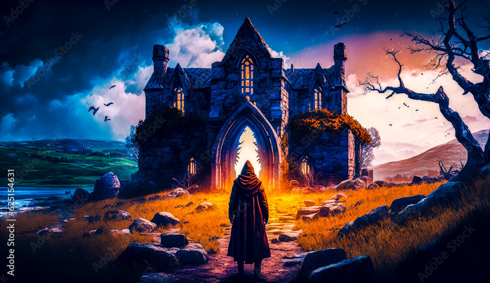 Aufkleber painting of person standing in front of castle with light at the end of the tunnel. generative ai.