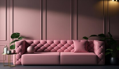 Mock up wall in modern interior background has a pink sofa on empty dark wall background. Generative AI.