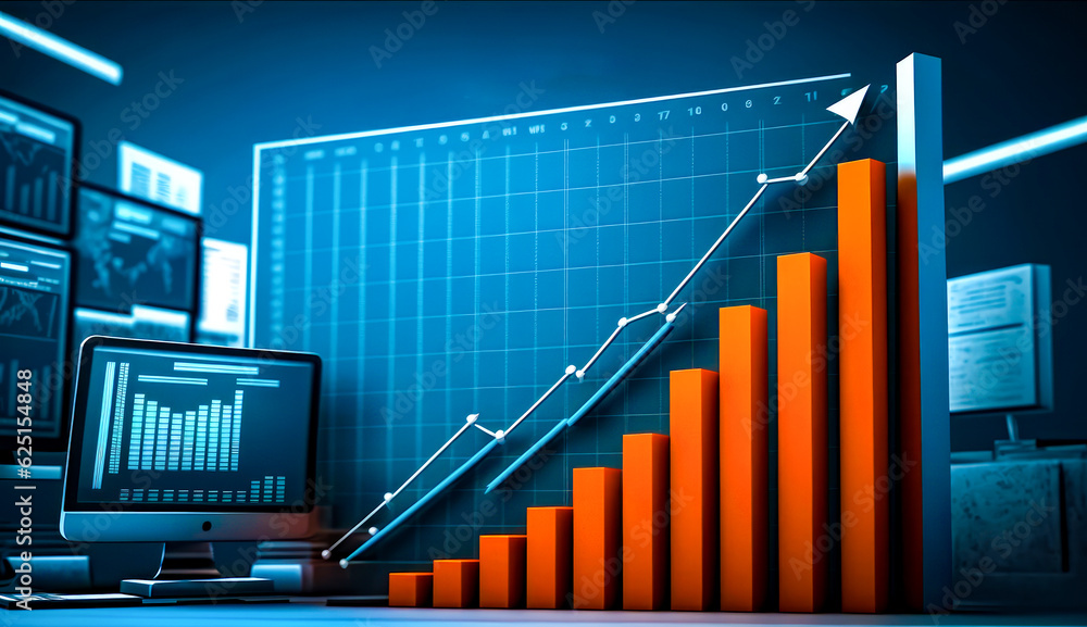 Poster computer monitor sitting on top of desk next to bar chart. generative ai.