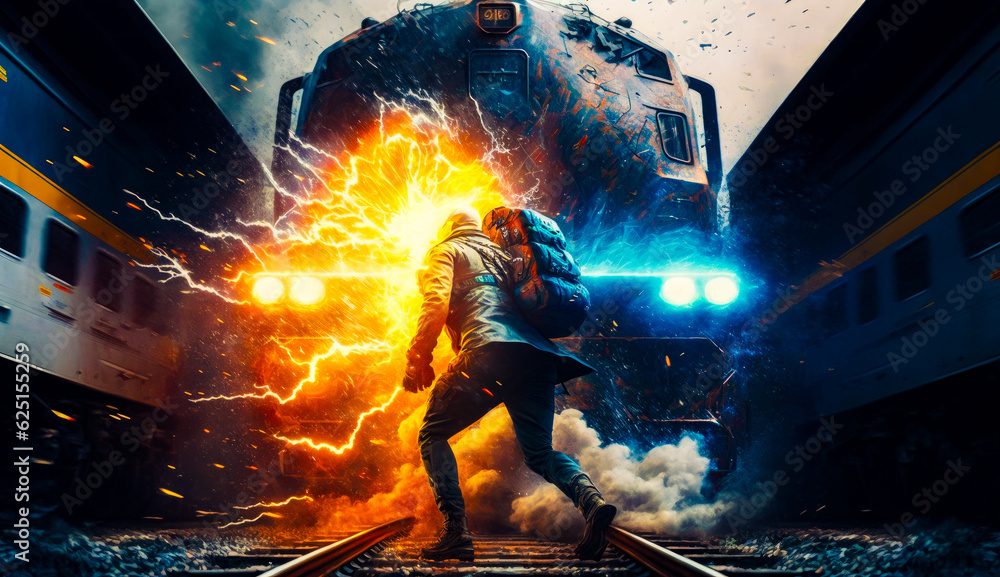 Poster man with backpack walking on train tracks with train in the background. generative ai.
