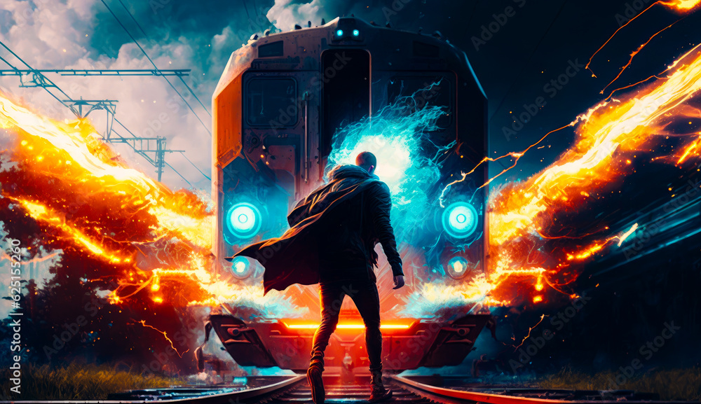Aufkleber man with cape standing on train track in front of train. generative ai.