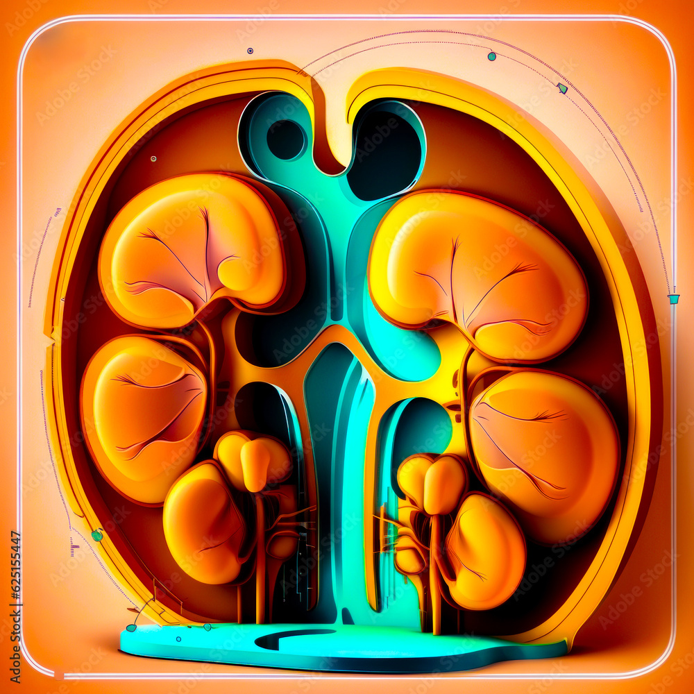 Poster picture of group of orange and blue objects in the shape of circle. generative ai.