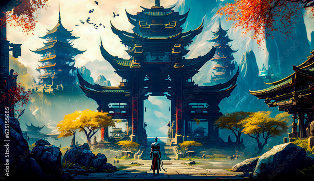 Aufkleber painting of man standing in front of tall building with sky background. generative ai.