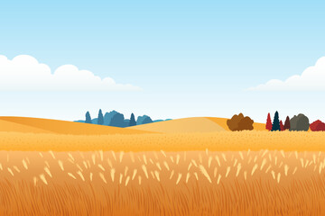 Beautiful landscape with a field of ripe wheat. Vector illustration of wheat field before harvest. © LoveSan