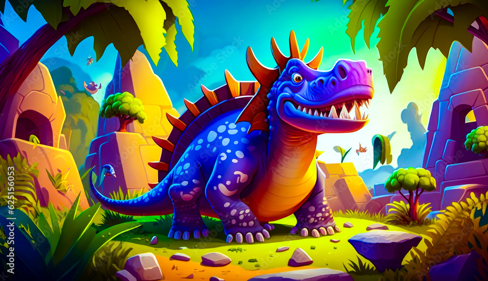 Poster cartoon dinosaur with its mouth open standing in the middle of jungle. generative ai.