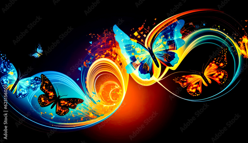Poster colorful butterfly with swirls and stars on black background with space for text. generative ai.