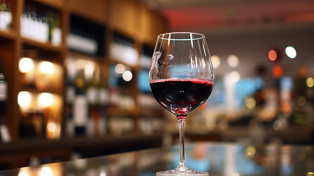 Pour the red wine into the glass in the right and perfect way. On the background of the wine shop, the image is blurred. generative AI