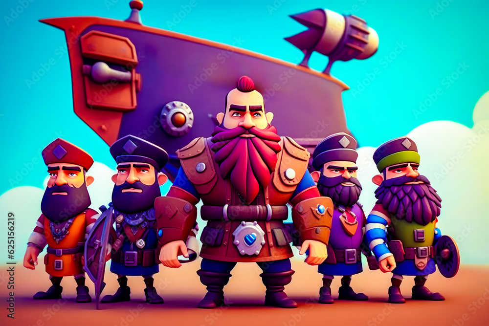 Poster group of cartoon characters standing in front of pirate ship with giant ship in the background. gene