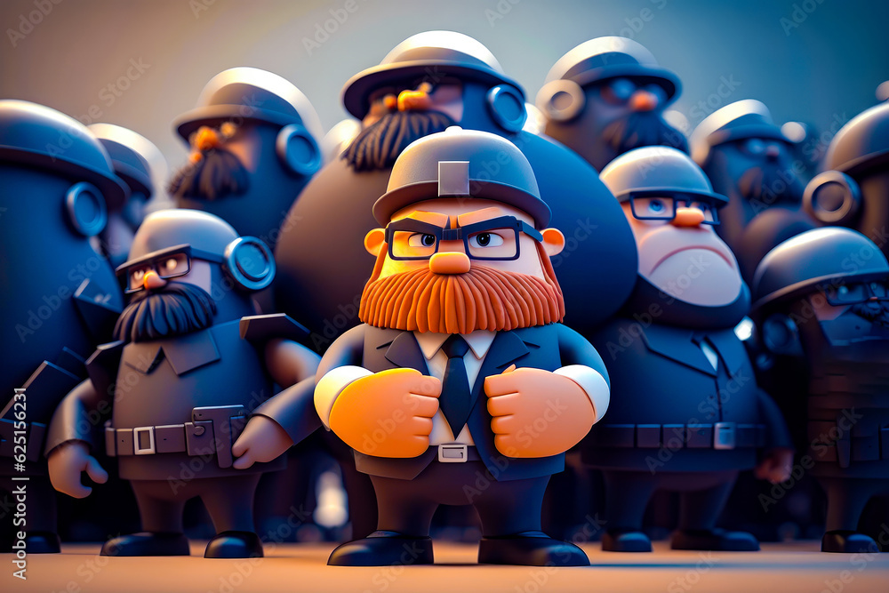 Poster group of cartoon characters standing next to each other in front of blue background. generative ai.