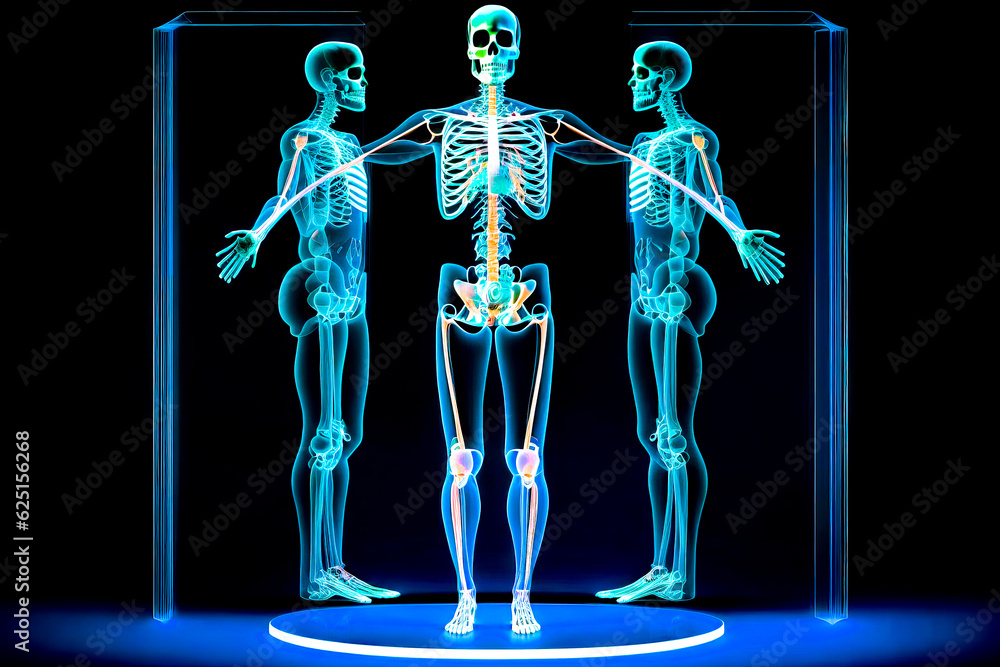 Poster 3d image of human skeleton and skeleton in glass case. generative ai.
