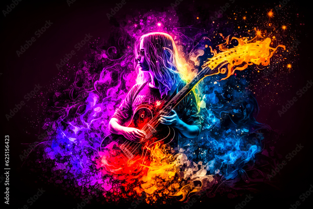 Aufkleber man with guitar in his hands and colorful background behind him. generative ai.