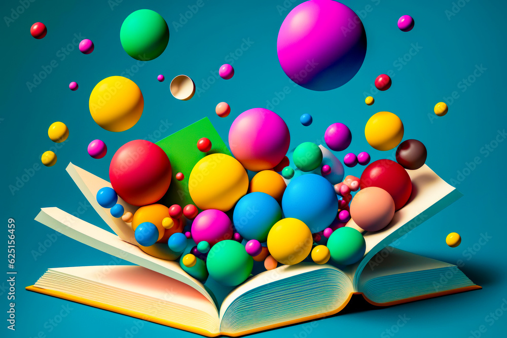 Aufkleber open book with bunch of colorful balls floating out of the book. generative ai.
