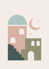Naklejka premium Moroccan architecture elements and moon poster illustration