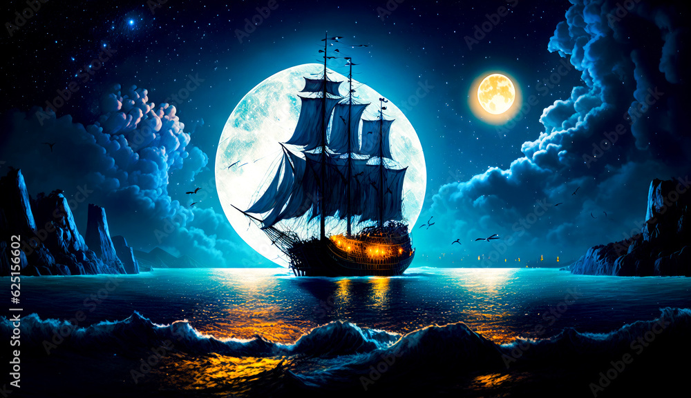 Poster ship floating in the ocean at night with full moon in the background. generative ai.