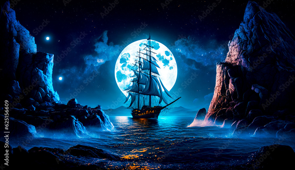Poster ship sailing in the ocean with full moon in the sky above it. generative ai.