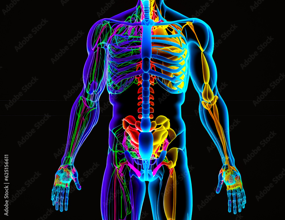 Poster 3d image of man's skeletal body with the skeleton highlighted. generative ai.