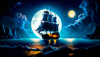 Ship floating in the ocean at night with full moon in the background. Generative AI.