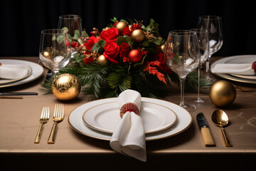festive christmas dinner setting. Seasonal holiday dining background.