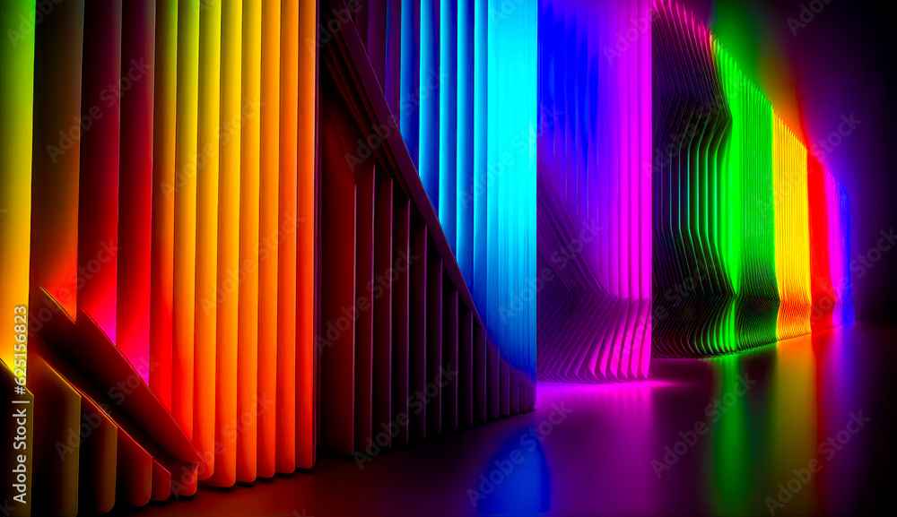 Poster room with rainbow colored wall and large window with vertical blinds. generative ai.