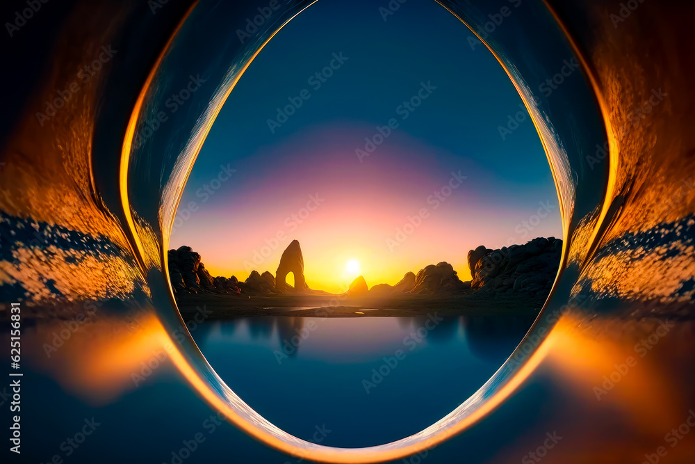 Poster picture of sunset taken through circular object in the water with mountain in the background. genera