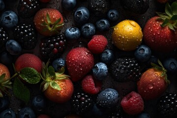 Fototapeta premium forest fruits on dark background, with visible drops of water, dark style, autumn concept, restoration concept