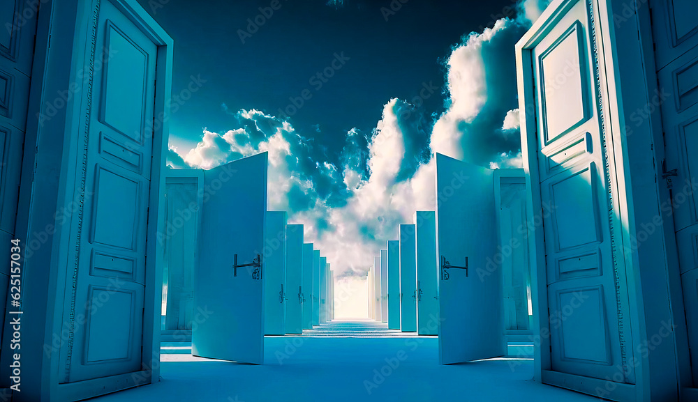 Poster open door leading to sky filled with clouds and sky filled with clouds. generative ai.