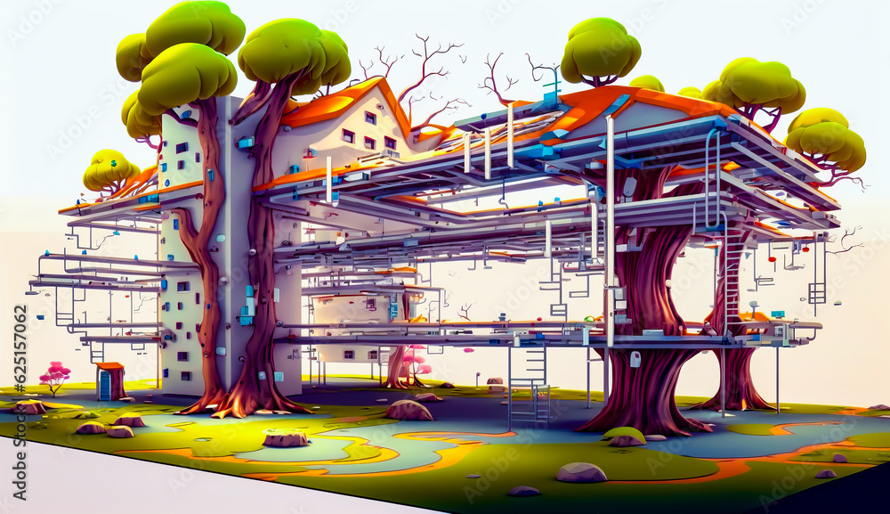 Poster computer generated image of building with lot of pipes coming out of it. generative ai.