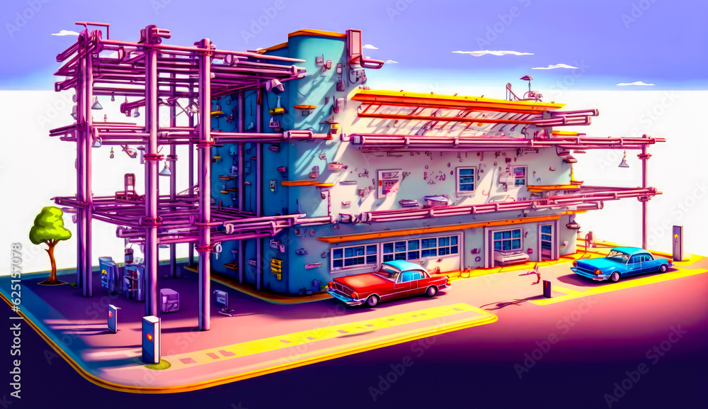 Aufkleber drawing of building with red car parked in front of it. generative ai.