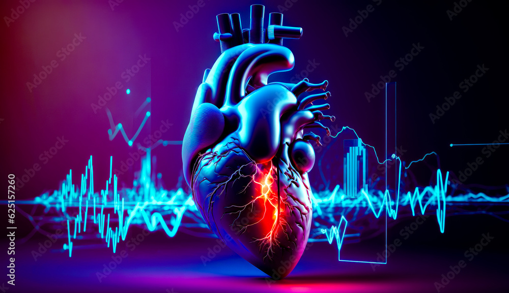 Poster heart with ecg in the middle of it and heartbeats in the background. generative ai.