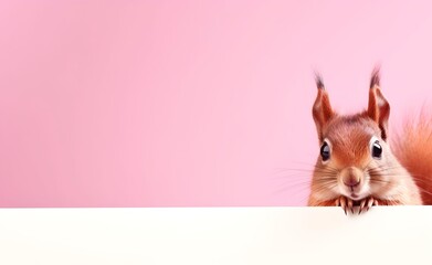 Creative Animal Concept. Squirrel peeking over pastel bright background. Generative AI.