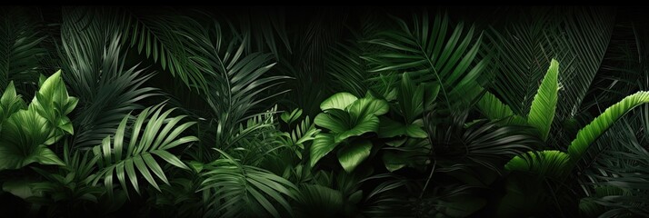 Green leaves, Group background of dark green tropical leaves ( monstera, palm, coconut leaf, fern, palm leaf,bananaleaf) Panorama background. concept of nature. Generative Ai.