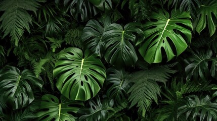 Naklejka na ściany i meble Green leaves, Group background of dark green tropical leaves ( monstera, palm, coconut leaf, fern, palm leaf,bananaleaf) Panorama background. concept of nature. Generative Ai.