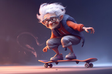 Skateboarding grandma - hipster cartoon character. Created using generative AI tools