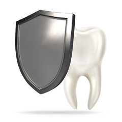 A tooth shield concept of a shiny white tooth being protected by a shield icon