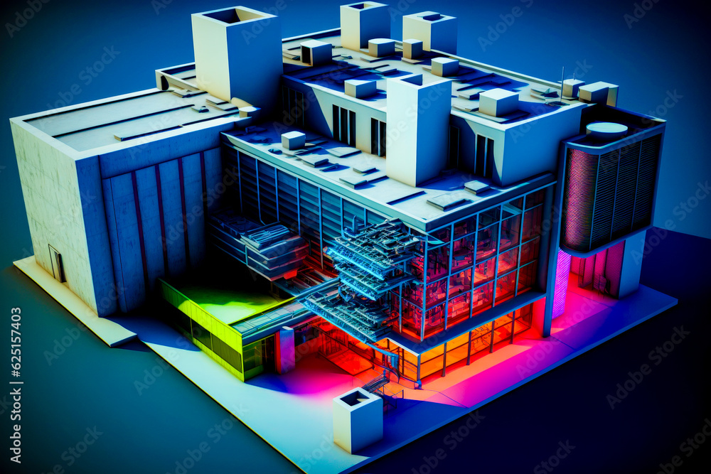 Poster model of building with lot of windows and lot of lights. generative ai.