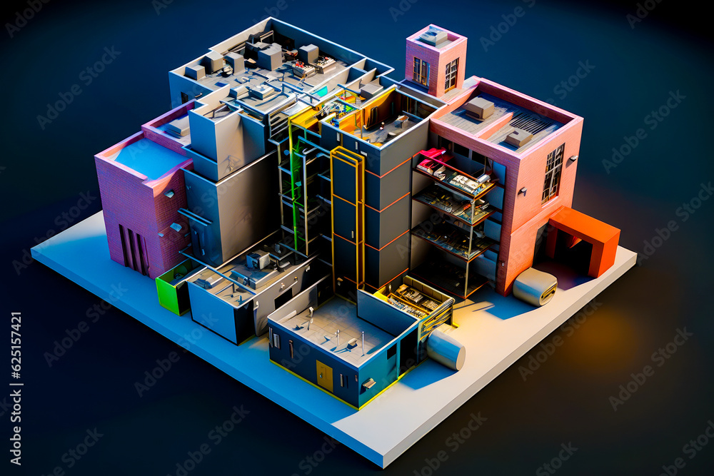 Poster model of multi - story building with lot of windows and doors. generative ai.