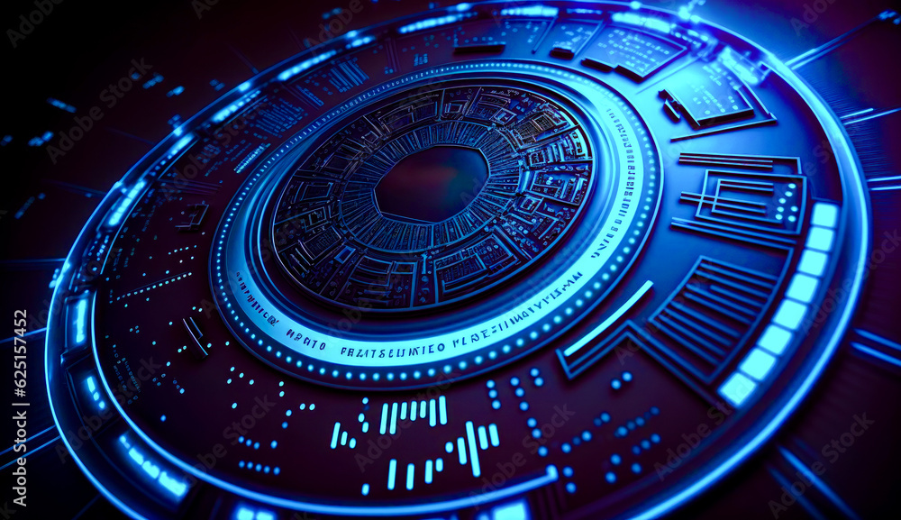Poster close up of clock face with blue light in the middle. generative ai.