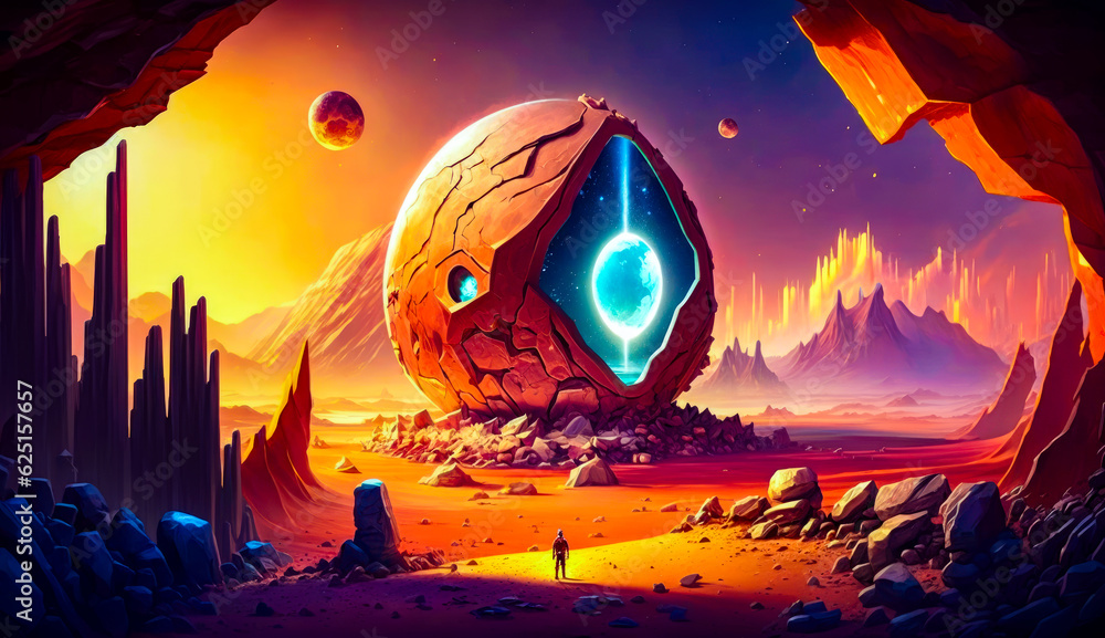 Poster man standing on top of desert under sky filled with planets. generative ai.