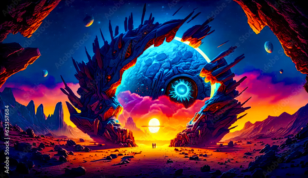 Aufkleber painting of landscape with mountains and planets in the background of the image. generative ai.