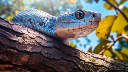 A beautiful venomous snake of blue color. Generative AI.