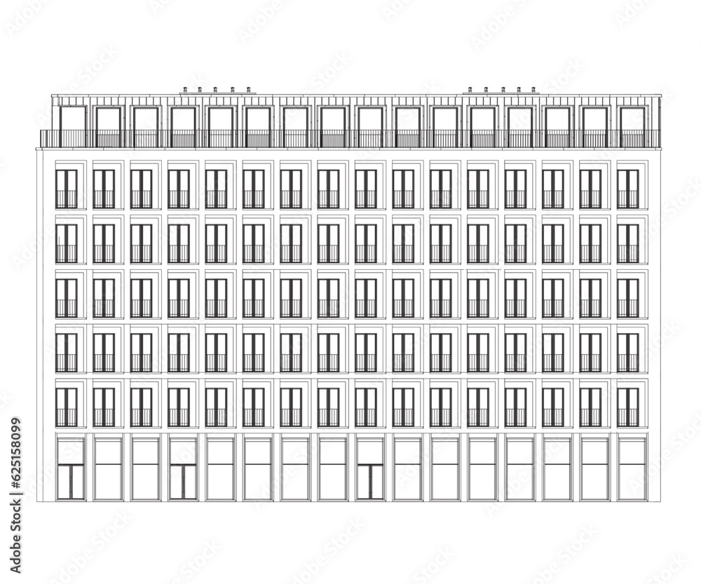 Poster contour detailed multi-storey building in flat style. multi storey building vector sign, symbol, vec